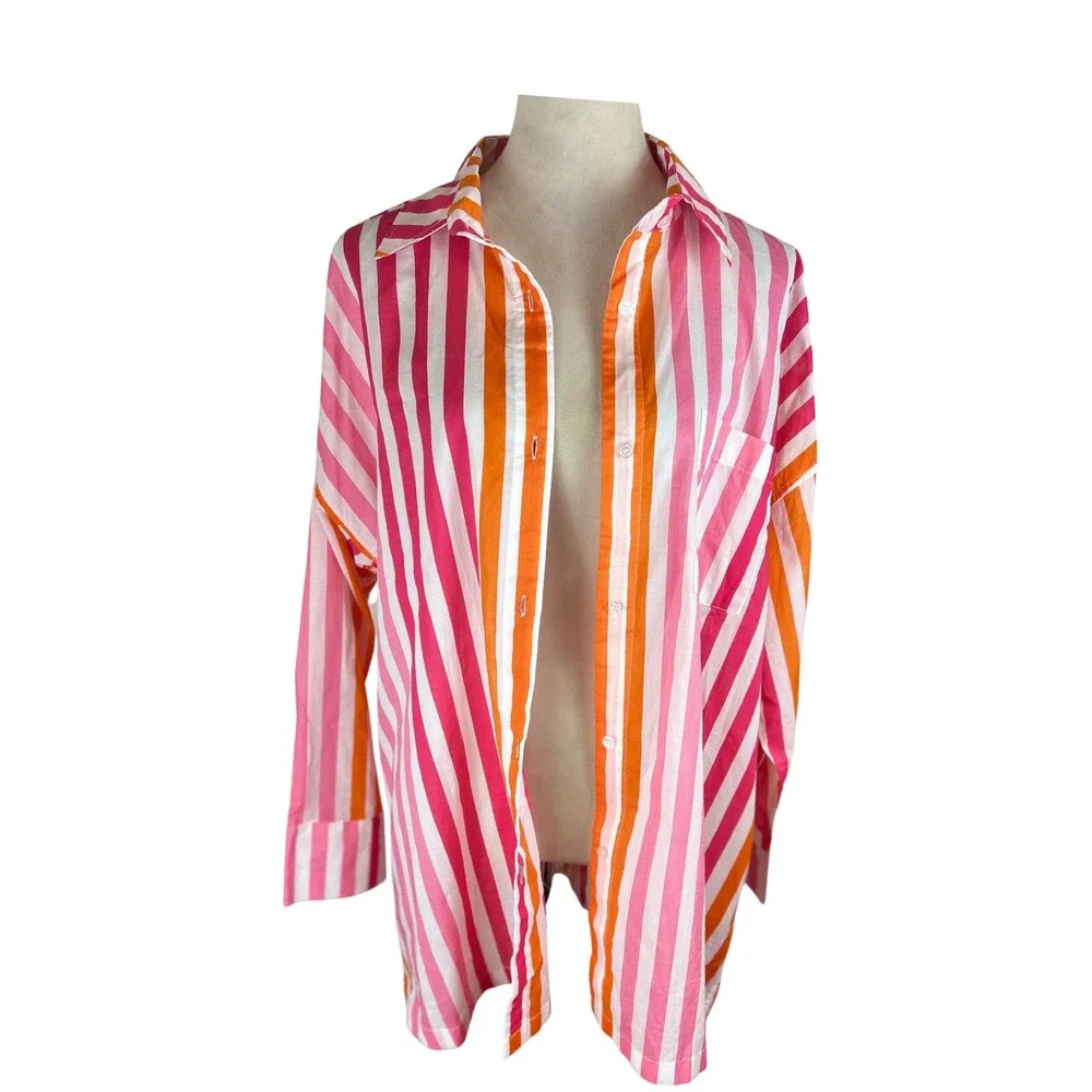 Beach Riot Pink Orange Striped Oversized Cotton Button Down‎ Shirt Womens L/XL